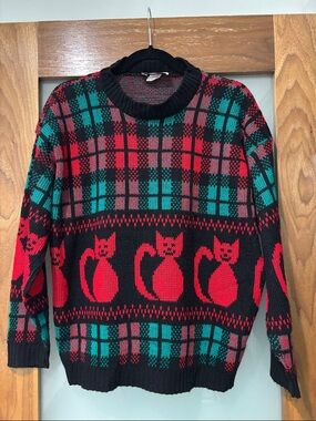 Vintage Knit Street Green Red Black Plaid Cat Knit Sweater